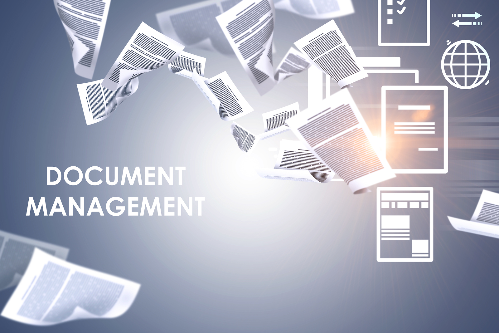 Document Management Text Over Gray Background With Papers Swirli